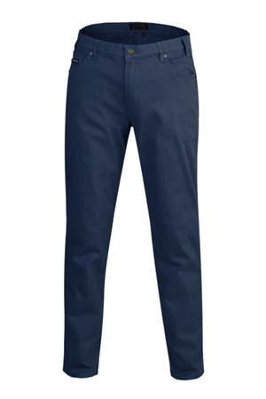A pair of Pilbara Cotton Stretch Jeans in blue with a slim fit, button and zipper closure, and front and back pockets, shown against a white background.