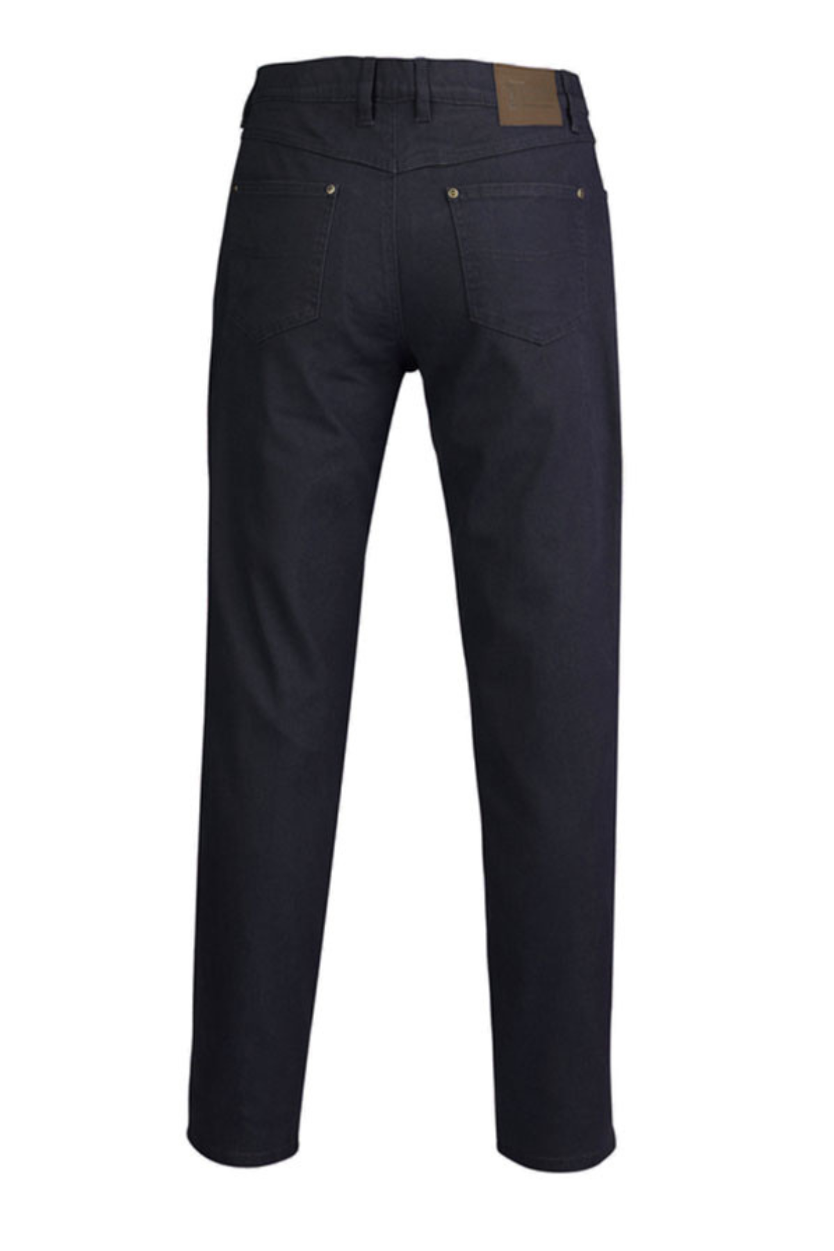 The Pilbara Cotton Stretch Jean in dark blue is shown from the back, highlighting two rear pockets, belt loops, a brown leather patch on the waistband, and a straight leg cut for classic style and comfort.