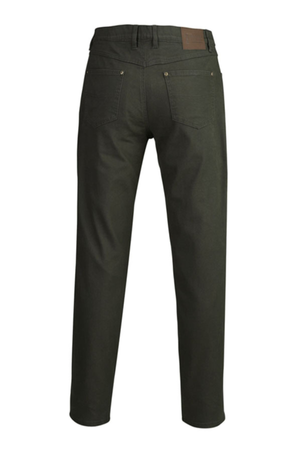 The Pilbara Cotton Stretch Jean in dark green is shown from the back, featuring two rear pockets with rivet details, a brown leather patch on the waistband, and made from comfortable UPF 50+ fabric.