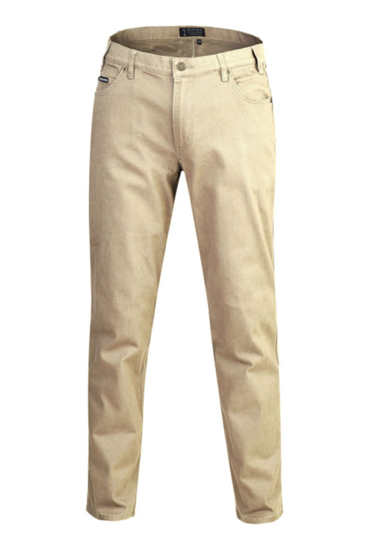 The Pilbara Cotton Stretch Jean in beige features a slim fit, five pockets, belt loops, and a button closure, shown on a white background.