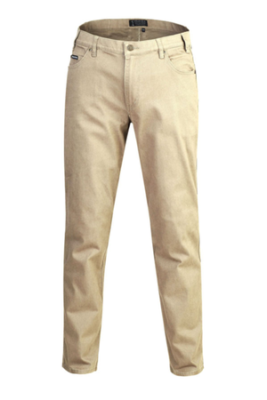 The Pilbara Cotton Stretch Jean in beige features a slim fit, five pockets, belt loops, and a button closure, shown on a white background.