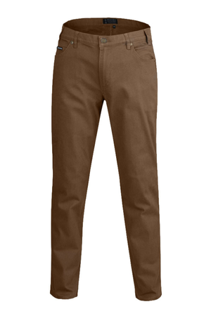 A pair of Pilbara Cotton Stretch Jeans in brown, featuring belt loops, front and back pockets, and a button-zipper closure, shown against a white background.