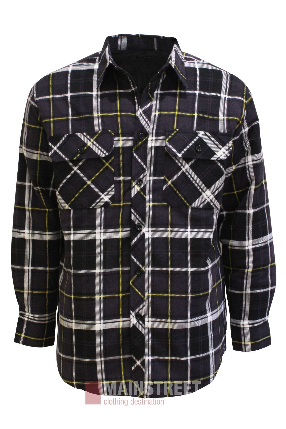 The Pilbara Flannelette Quilted Shirt features long sleeves, a black base with white, yellow, and gray plaid, two button-flap chest pockets, and classic Pilbara style—ideal for cool days.
