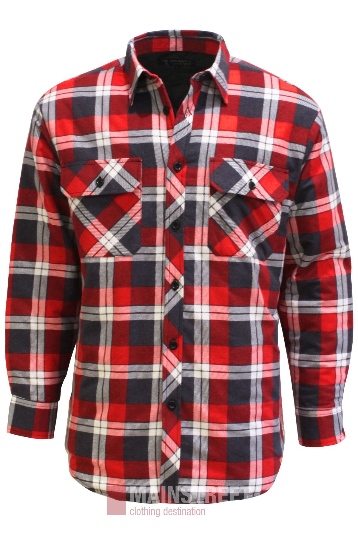 The Pilbara Flannelette Quilted Shirt is a 100% cotton, long-sleeve, button-up shirt with a red, white, and black plaid pattern and two front chest pockets.
