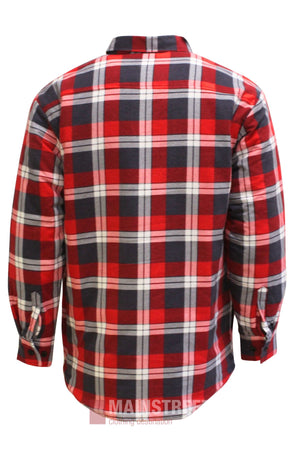 The Pilbara Flannelette Quilted Shirt is a long-sleeve, 100% cotton flannel with a red, black, white, and blue plaid pattern. Shown from the back, it features a curved hem and buttoned cuffs.