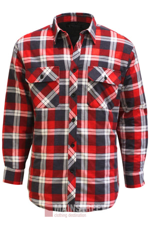 The Pilbara Flannelette Quilted Shirt is a 100% cotton, long-sleeve, button-up shirt with a red, white, and black plaid pattern and two front chest pockets.