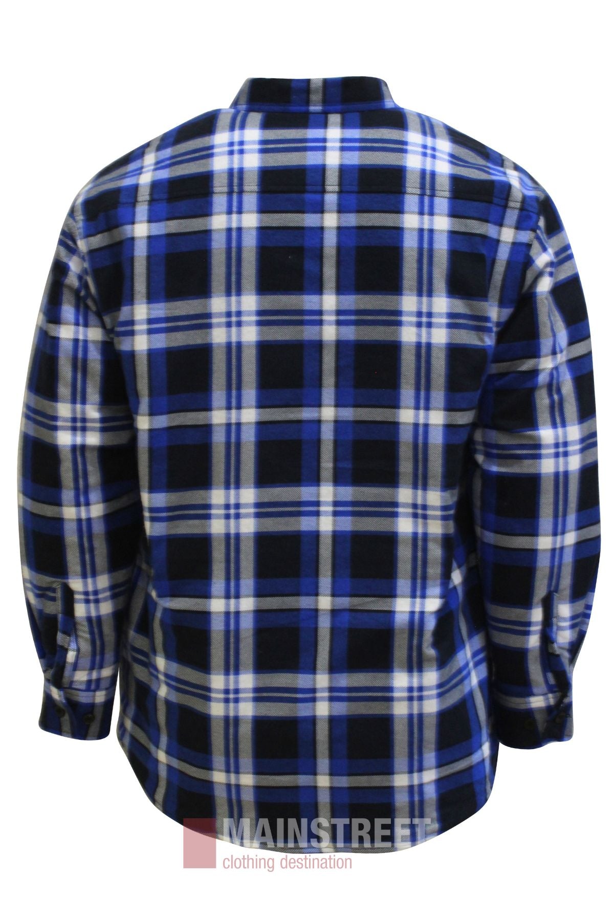The Pilbara Flannelette Quilted Shirt is a long-sleeve, 100% cotton shirt with blue, black, and white plaid, shown from the back. It features a collar and buttoned cuffs for classic style and comfort.