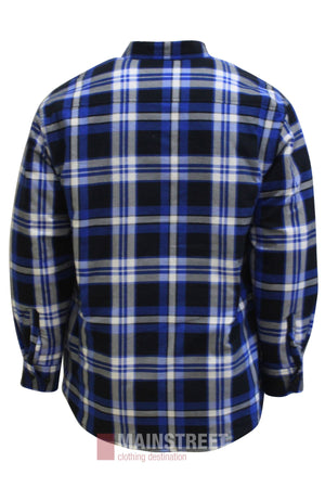The Pilbara Flannelette Quilted Shirt is a long-sleeve, 100% cotton shirt with blue, black, and white plaid, shown from the back. It features a collar and buttoned cuffs for classic style and comfort.