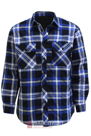 The Pilbara Flannelette Quilted Shirt is a 100% cotton, long-sleeve, button-up with a blue, black, and white plaid pattern and two chest pockets with button flaps.