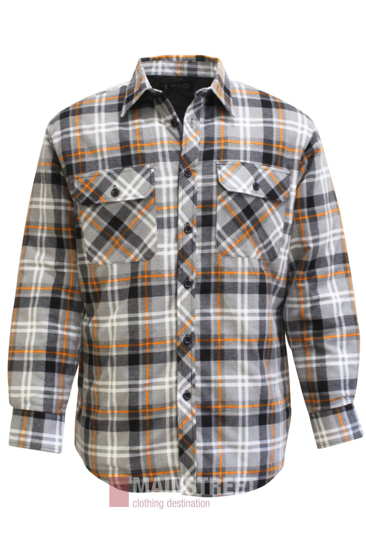 The Pilbara Flannelette Quilted Shirt is a long-sleeve, button-up cotton shirt with a gray, white, black, and orange plaid pattern and features two front chest pockets with button flaps.