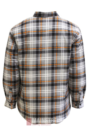 The Pilbara Flannelette Quilted Shirt features a black, gray, white, and orange plaid pattern and is shown from the back.