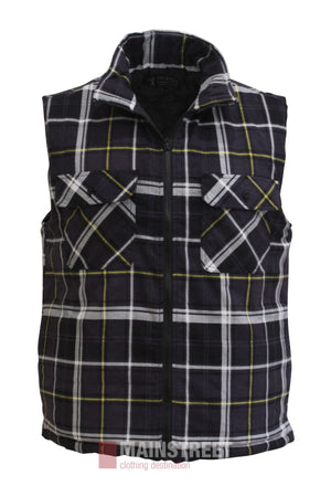 The Pilbara Flannelette Quilted Zipper Front Vest is sleeveless with a black, white, and yellow plaid pattern, two chest pockets with flaps and buttons—ideal for winter layering.