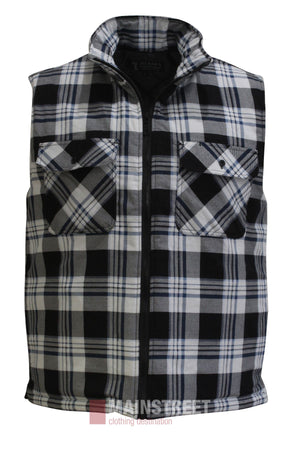 The Pilbara Flannelette Quilted Zipper Front Vest features a black, white, and gray plaid design, front zipper, and two buttoned chest pockets—ideal for layering during winter.