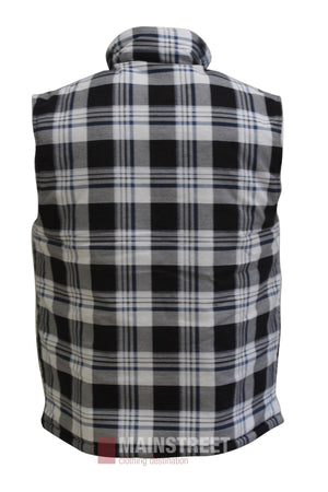 The Pilbara Flannelette Quilted Zipper Front Vest is shown from the back, featuring a black, white, and gray plaid pattern. This sleeveless vest has a high collar and is set against a plain white background—ideal for cozy winter wear.