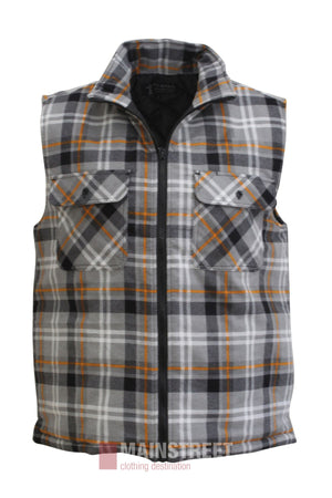 Stay warm in the Pilbara Flannelette Quilted Zipper Front Vest—a sleeveless plaid vest with black, white, grey, and orange checks, two buttoned chest pockets, high collar, and cozy quilted lining for perfect winter layering.