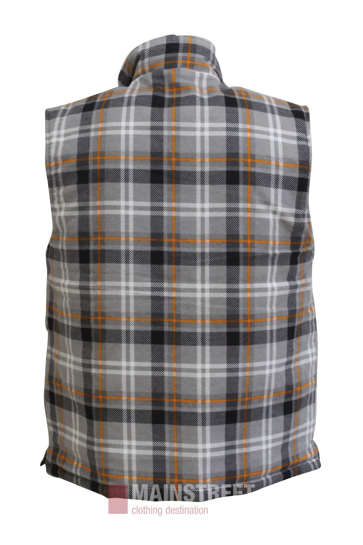 The Pilbara Flannelette Quilted Zipper Front Vest features a sleeveless design with a gray, black, white, and orange plaid pattern, soft wool-like texture, high collar, and is shown from the back—ideal for winter layering.