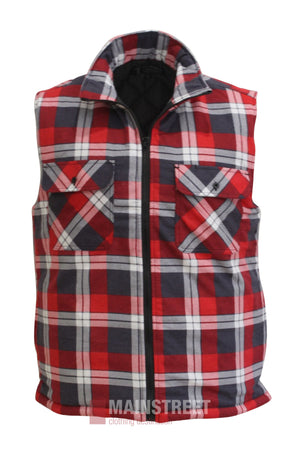 The Pilbara Flannelette Quilted Zipper Front Vest features a red, white, and gray plaid pattern, two chest flap pockets, and a full front zipper—ideal for layering in winter.