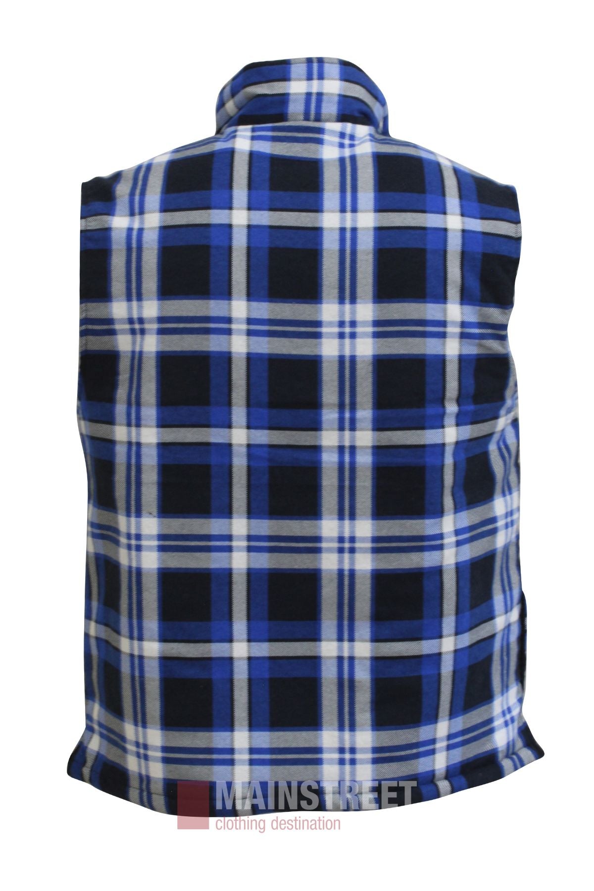 The Pilbara Flannelette Quilted Zipper Front Vest, a sleeveless plaid vest in blue, black, and white, is shown from the back on a plain white background. "Mainstreet clothing destination" appears below the winter layering vest.