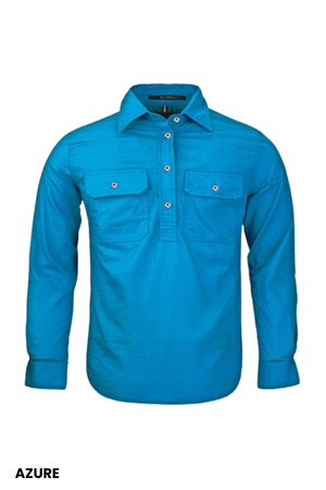 Pilbara Kids Closed Front Shirt in bright azure with long sleeves, buttoned placket, two chest pockets, 100% cotton. Displayed on white background with "AZURE" in the bottom left corner.