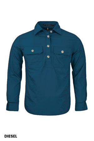 The Pilbara Kids Closed Front Shirt is a teal, long-sleeve, button-up children's shirt with a collar and two chest pockets, made from 100% cotton. Shown on a plain white background with "DIESEL" in black at the bottom left.
