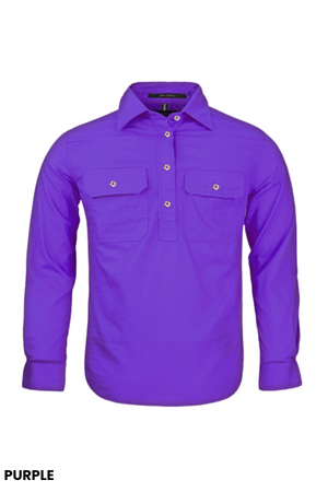 The Pilbara Kids Closed Front Shirt is a bright purple, long-sleeve, button-up children's shirt made from 100% cotton with UPF 50+ and two chest pockets. "PURPLE" appears in black at the bottom left over a white background.