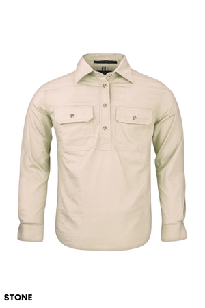 The Pilbara Kids Closed Front Shirt is a long-sleeved, 100% cotton children's button-up in "Stone," featuring two chest pockets, buttoned cuffs, and a collar.