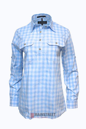 The Pilbara Ladies Check Closed Front Long Sleeve Shirt features a light blue and white classic check, ultra fine cotton, front chest pockets, and buttoned cuffs. Shown on a plain white background. Ideal for everyday comfort.