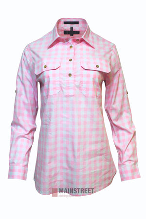 The Pilbara Ladies Check Closed Front Long Sleeve Shirt, in pink and white classic check, is made from ultra fine cotton with two chest pockets and sleeve button details, shown on a white background.