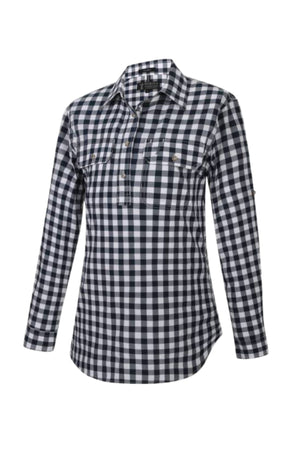 The Pilbara Ladies Check Closed Front Long Sleeve Shirt is crafted from ultra-fine cotton and features a classic black and white checkered pattern, button-up design, and two chest pockets, shown on a plain white background.