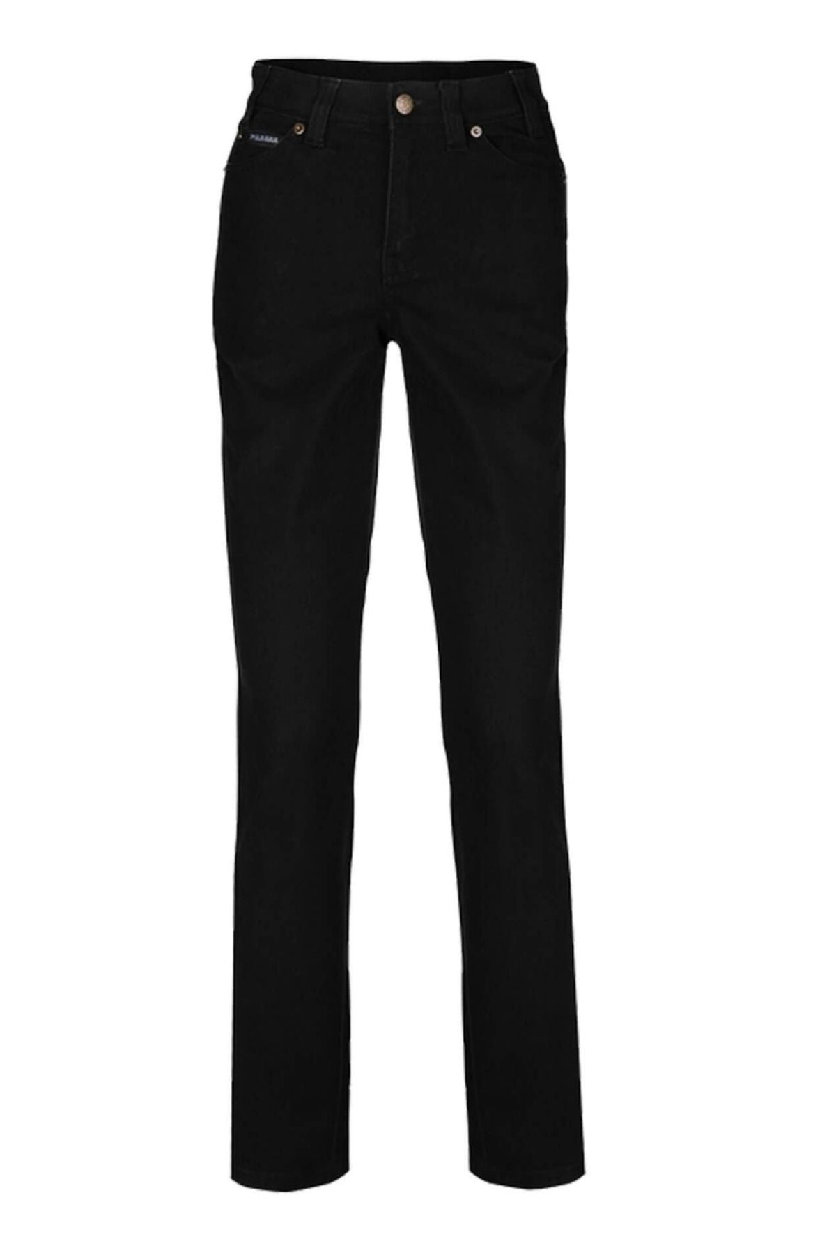 The Pilbara Ladies Cotton Stretch Jean features a black straight-leg cut, classic five-pocket design, front button and zip closure, shown against a plain white background.