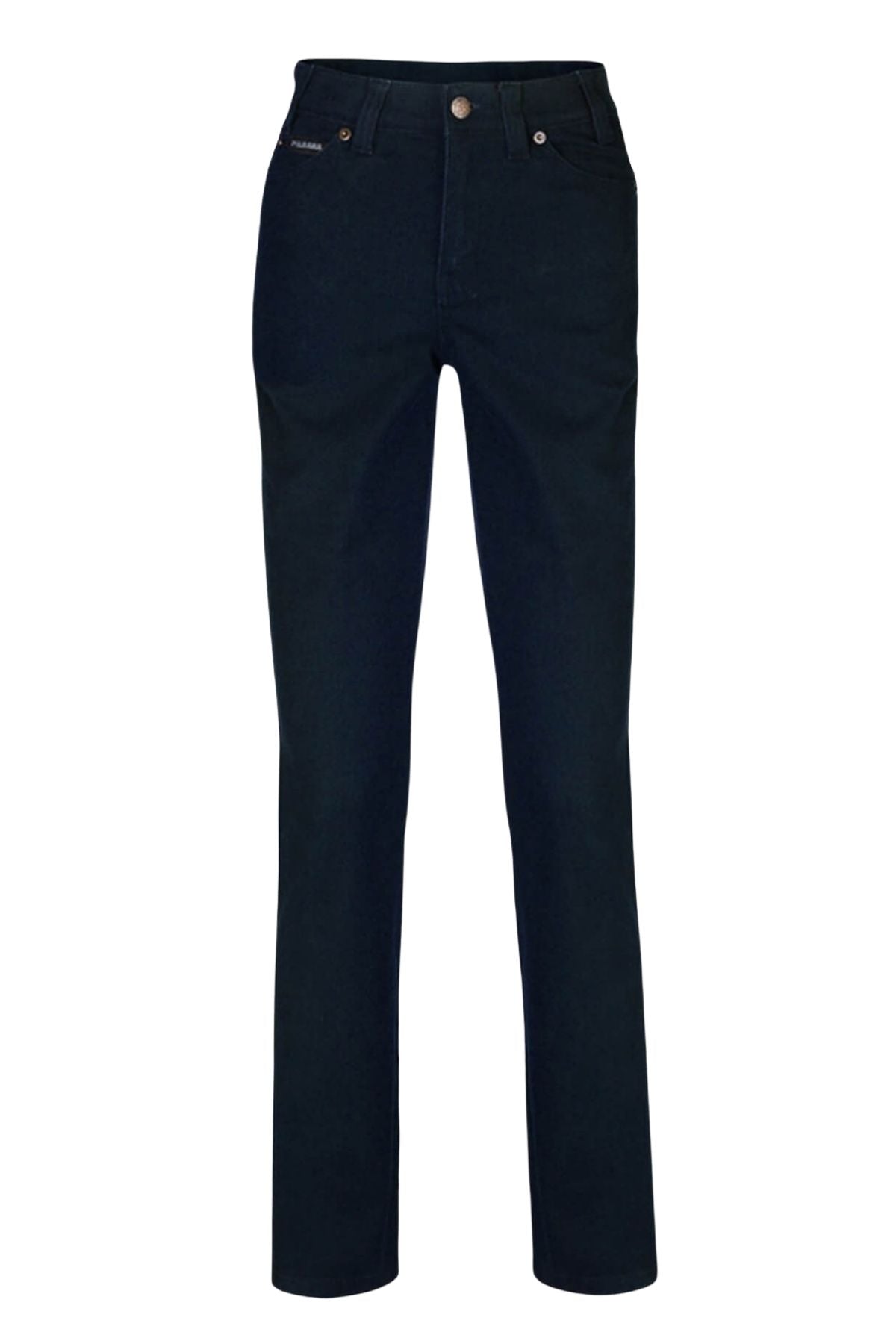 The Pilbara Ladies Cotton Stretch Jean, shown in dark blue with a classic five-pocket design and straight-leg fit, is photographed against a white background.