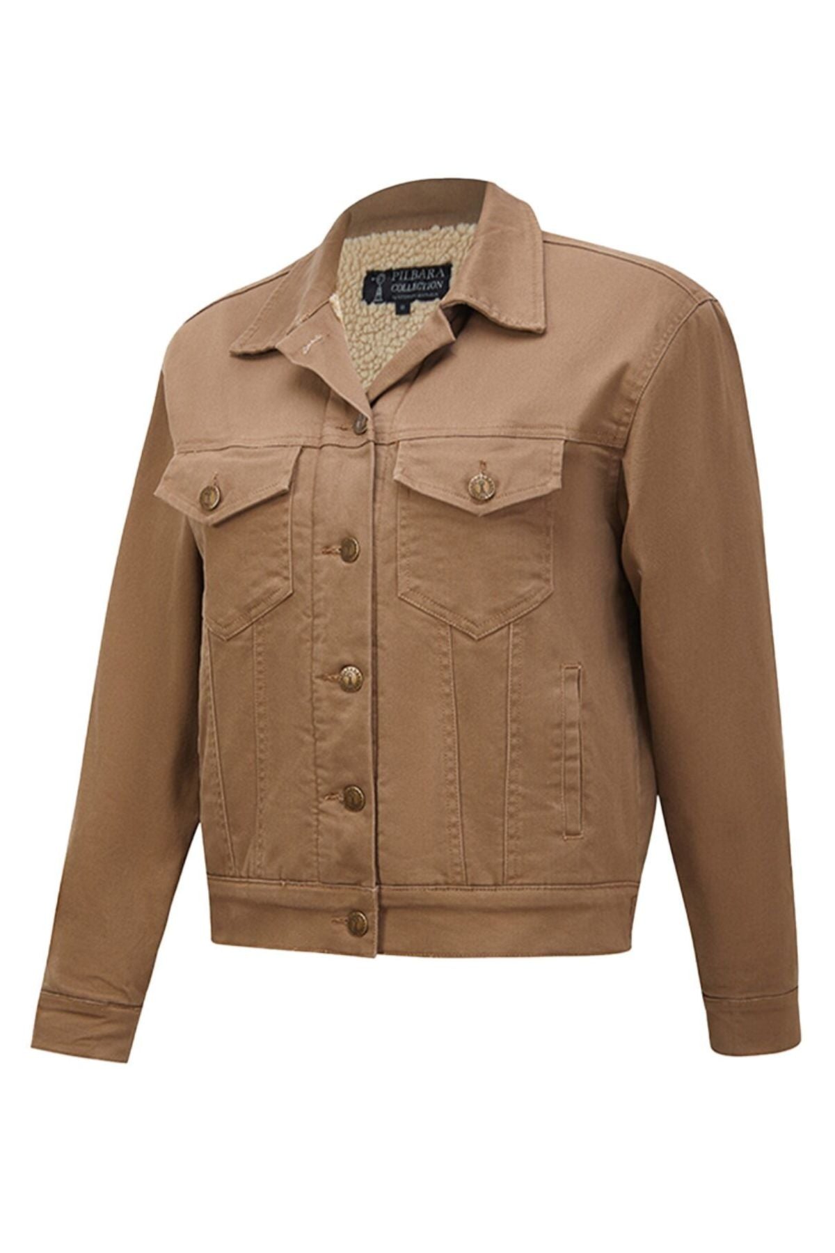 The Pilbara Lauren Sherpa Lined Jacket is a light brown, button-up denim jacket with flap chest and side pockets. It has a cozy sherpa collar lining, long sleeves, and a classic fit for timeless casual style.