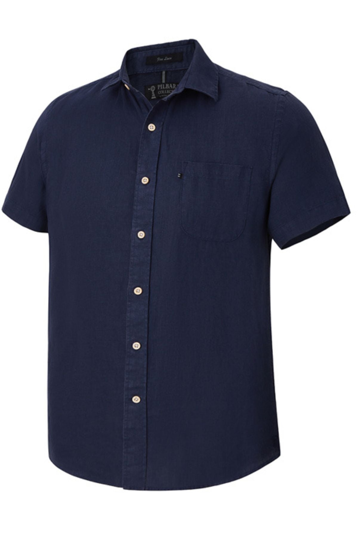 The Pilbara Linen Short Sleeve Shirt features a solid navy blue color, button-up front, classic collar, and a front chest pocket.