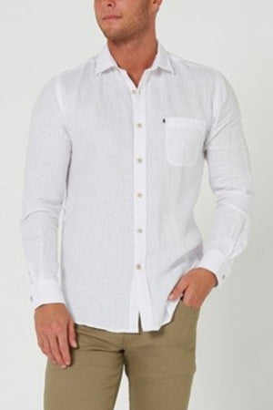 A man models the Pilbara Linen Shirt—long-sleeve, white, 100% linen—with khaki pants against a light background. His left hand is in his pocket while his right hand rests at his side, highlighting classic style.