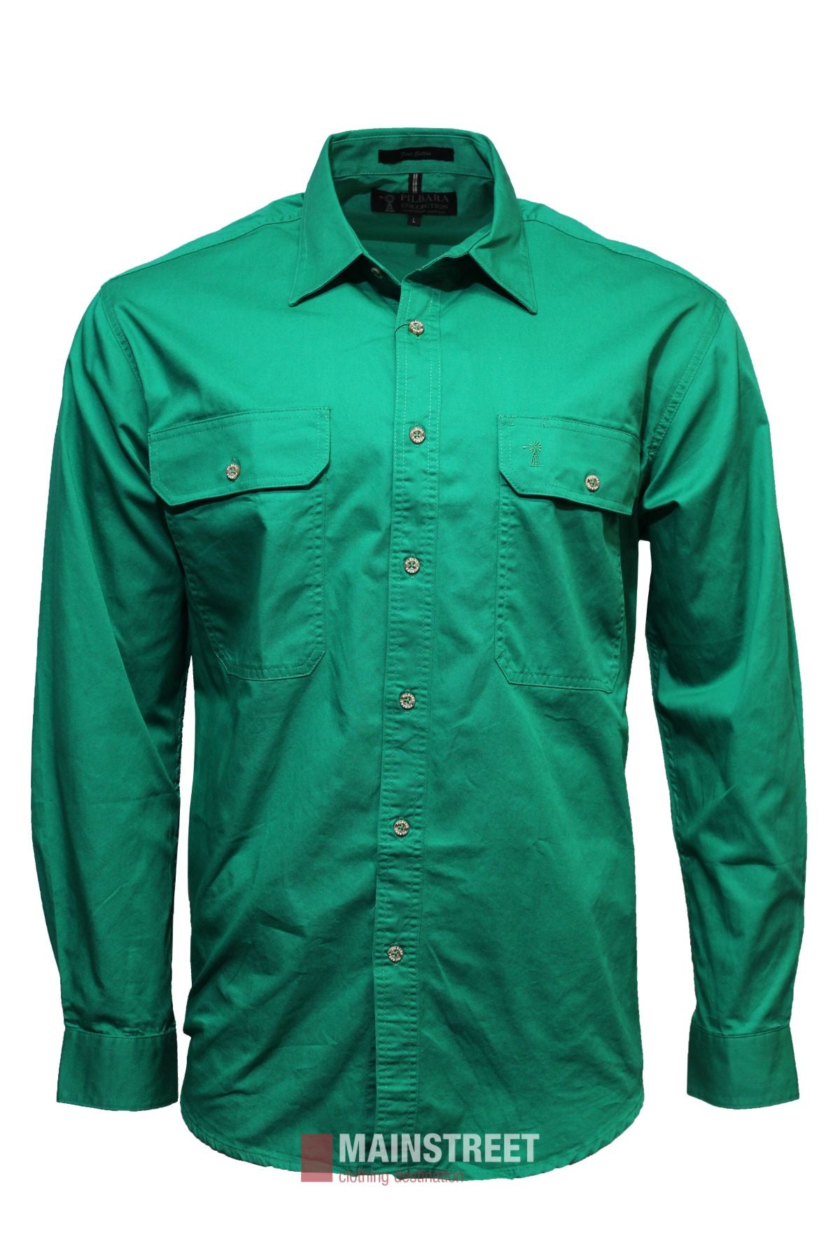 The Pilbara Open Front Shirt is a green, long-sleeve cotton work shirt with button-up front, collar, buttoned cuffs, and two chest pockets, shown unworn on a white background.