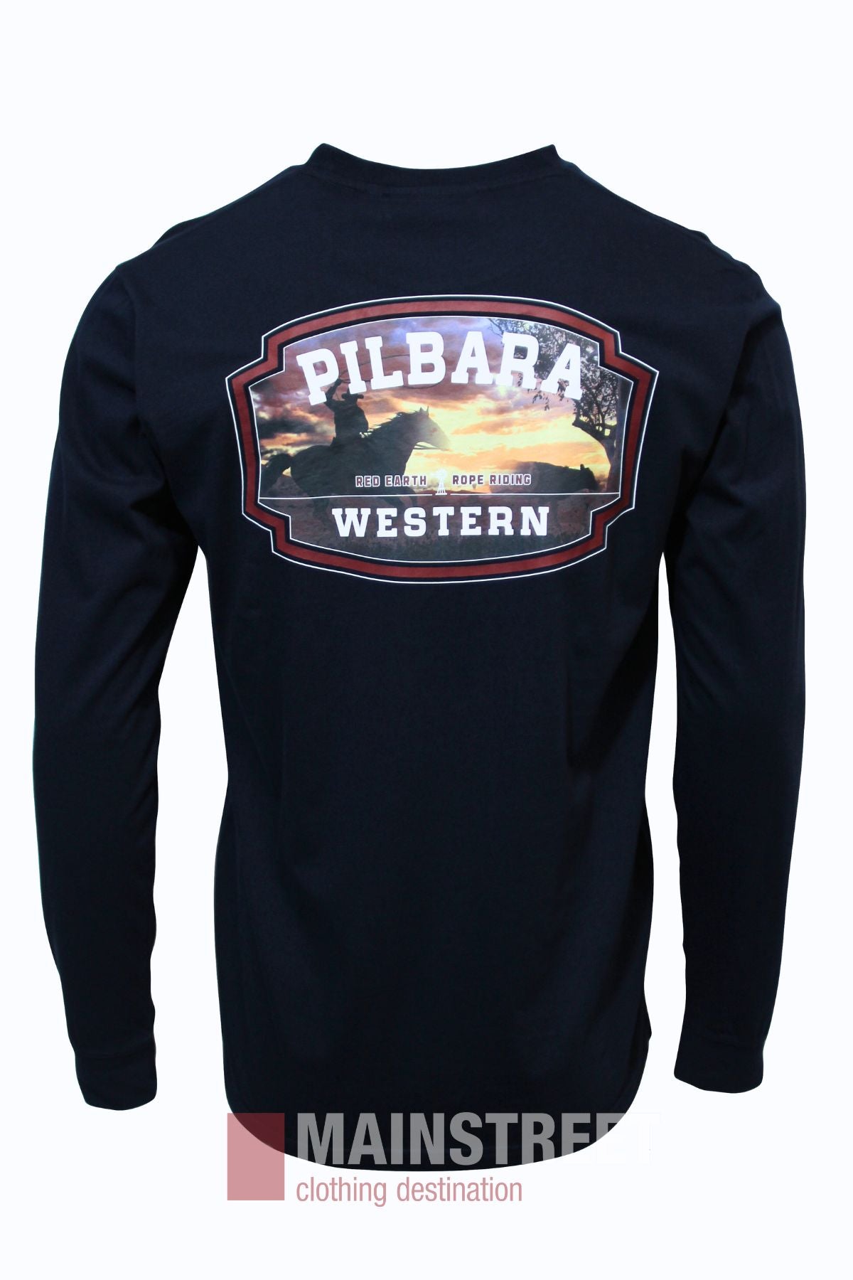 The Pilbara Rope Riding Long Sleeve T-Shirt is a black shirt with a large back graphic of a sunset landscape and bold "PILBARA WESTERN" lettering, plus smaller text reading "Rodeo Station" and "Rodeo Riders.