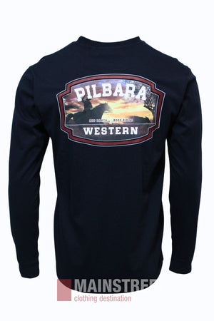 The Pilbara Rope Riding Long Sleeve T-Shirt is a black shirt with a large back graphic of a sunset landscape and bold "PILBARA WESTERN" lettering, plus smaller text reading "Rodeo Station" and "Rodeo Riders.