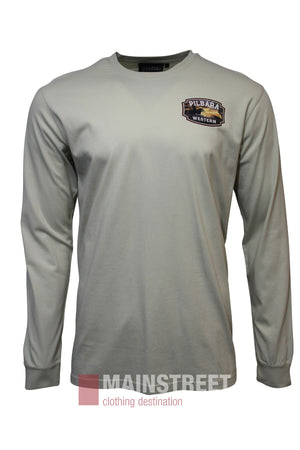 The Pilbara Rope Riding Long Sleeve T-Shirt in light gray features a small "PILBARA WESTERN" logo on the left chest, shown on a plain white background with the MAINSTREET clothing destination logo at the bottom.