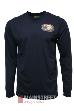 The Pilbara Rope Riding Long Sleeve T-Shirt in navy features a "PILBARA Western" logo on the upper left chest and is shown on a plain background with a "MAINSTREET clothing destination" watermark at the bottom.