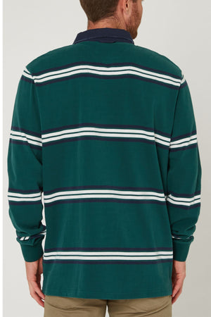 A man is shown from the back wearing a green Pilbara Rugby Jersey made from 100% cotton with horizontal white and navy stripes, a navy collar, and paired with beige pants.