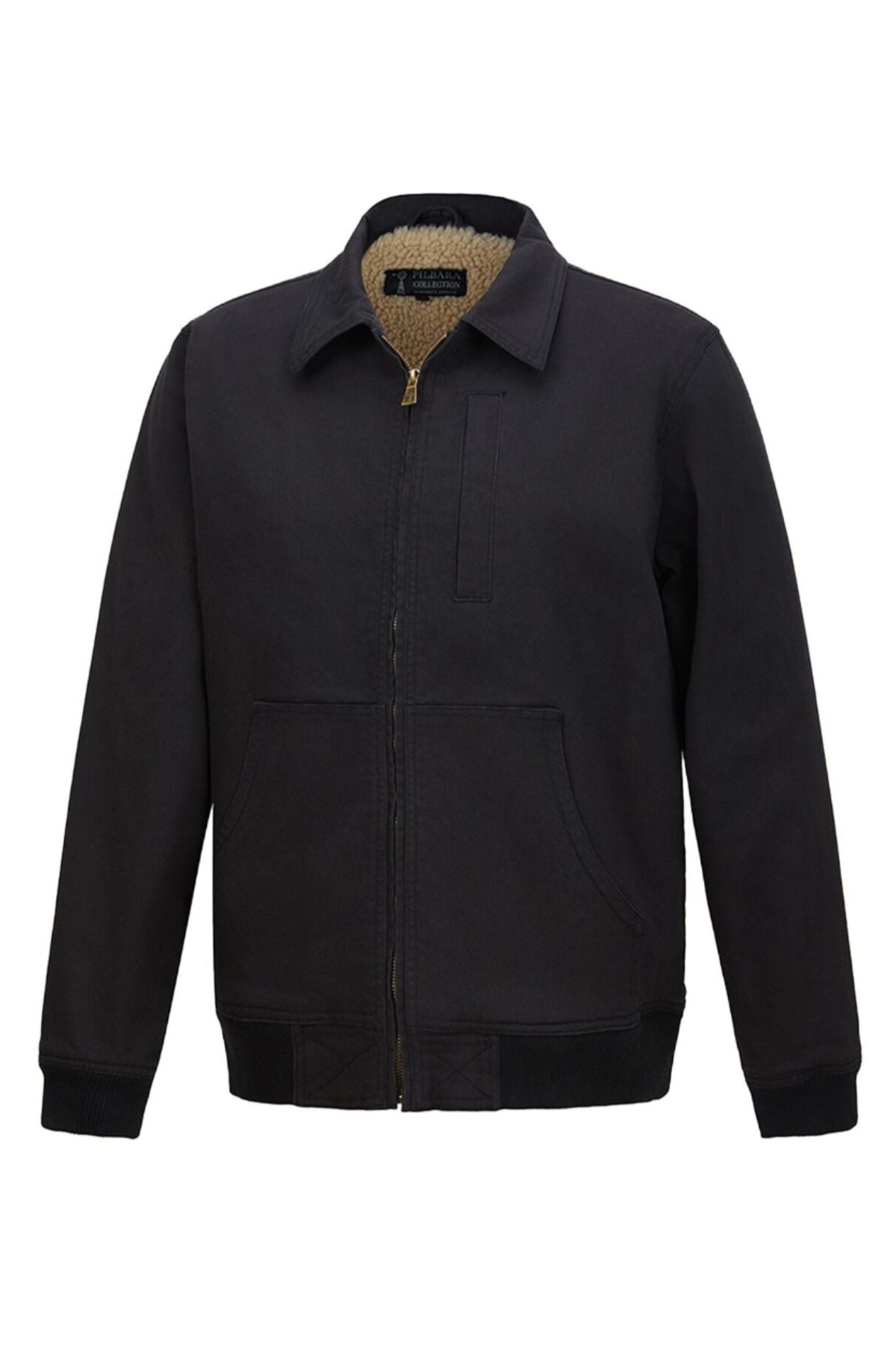 The Pilbara Sherpa Bomber Jacket is black with a zip front, collar, two front pockets, ribbed cuffs, and a visible tan sherpa fleece inner lining.