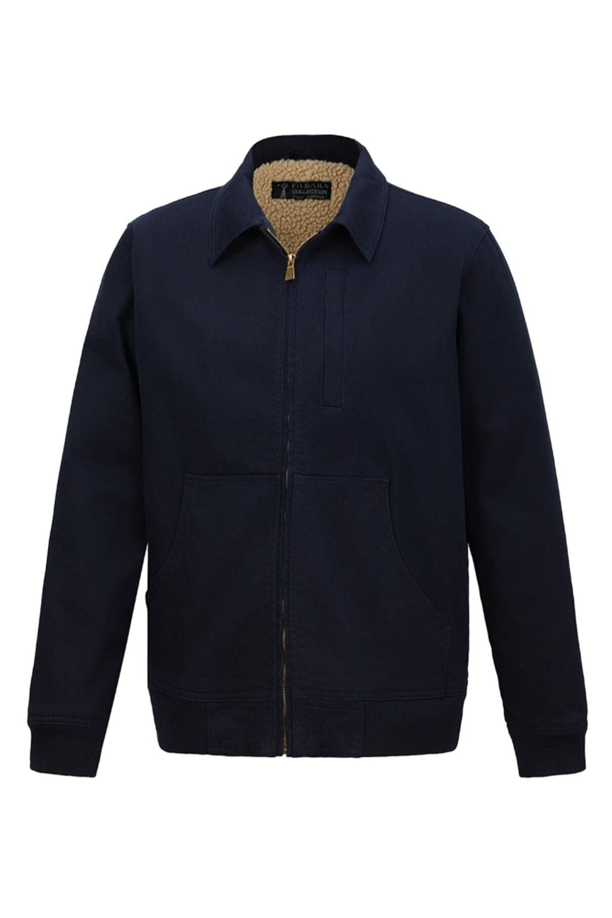 The Pilbara Sherpa Bomber Jacket is a navy blue zip-up jacket with a collar, tan sherpa lining at the collar, two front pockets, and ribbed cuffs and hem. Made from cotton stretch twill for comfort in Australian conditions. Shown on a white background.