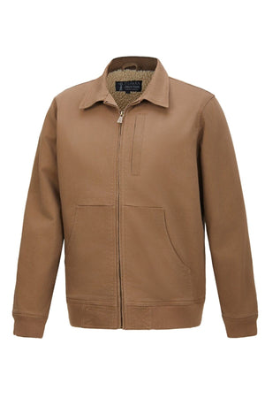 The Pilbara Sherpa Bomber Jacket for men features a tan color, collar, two front pockets, chest pocket, ribbed cuffs and hem, and a soft fleece-like lining for comfort. Shown against a plain white background.