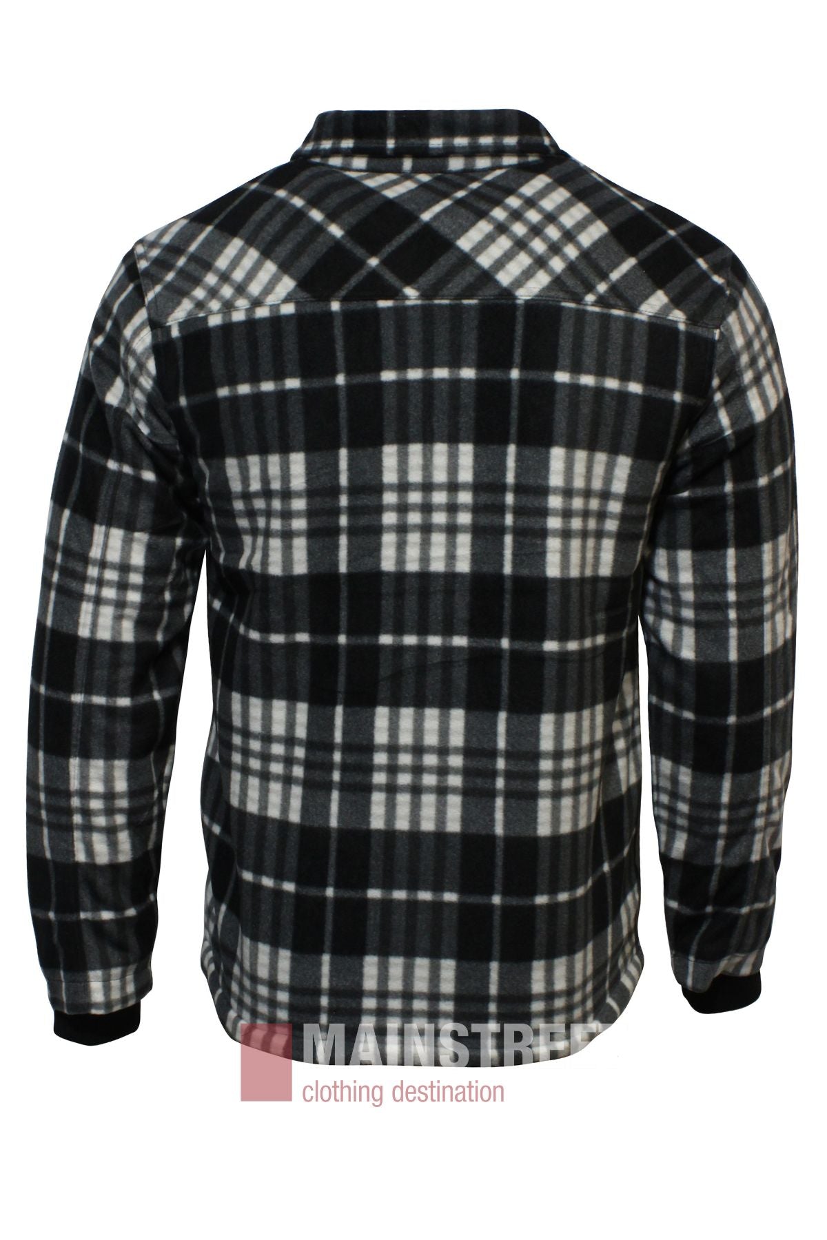 Back view of the Pilbara Sherpa Lined Check Jacket in black, white, and gray plaid soft fleece. Features a partially visible "MAINSTREAM clothing destination" logo at the bottom. Cozy sherpa lining makes it ideal for colder days.