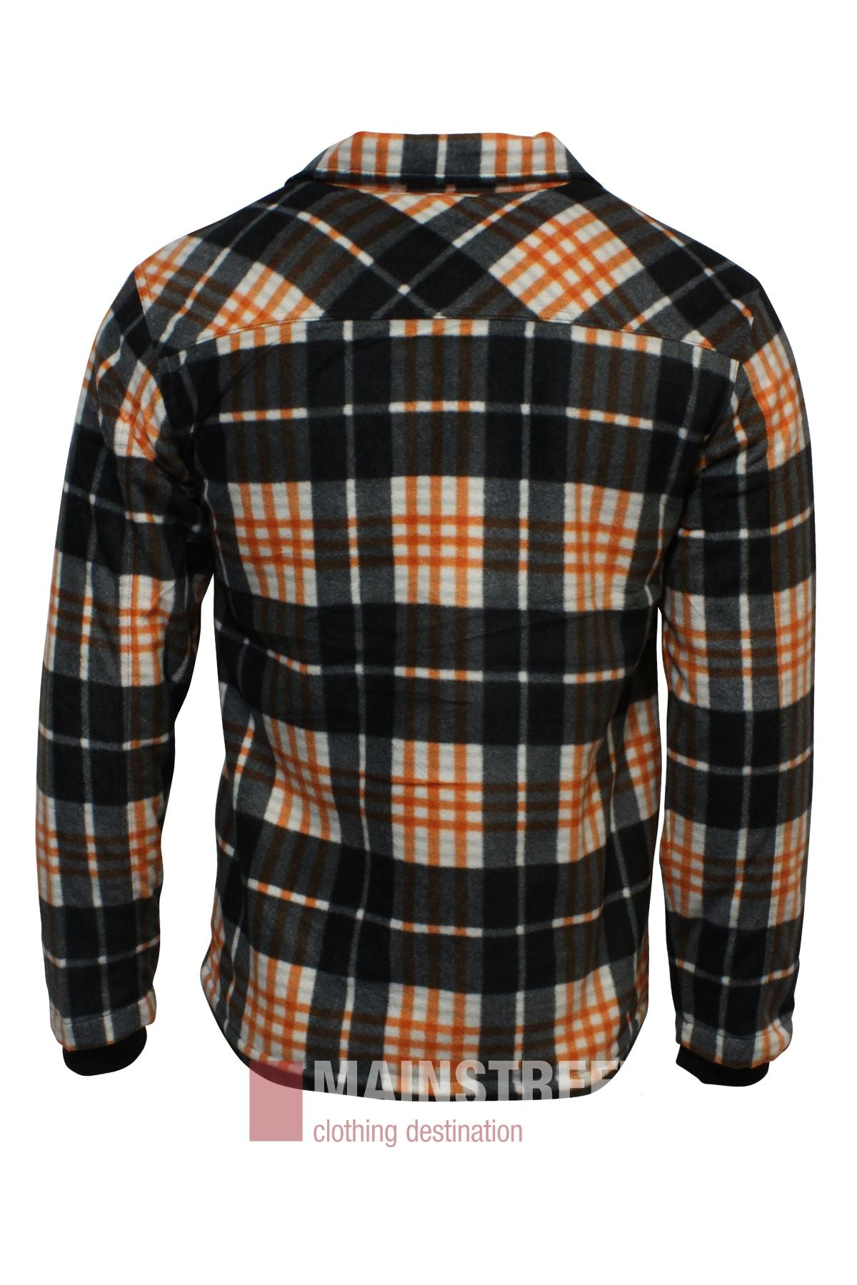 The Pilbara Sherpa Lined Check Jacket is a long-sleeve fleece with a black, orange, and white plaid pattern, collar, and relaxed fit. Shown from the back, it offers cozy comfort inspired by Ritemate Pilbara style for winter wear.