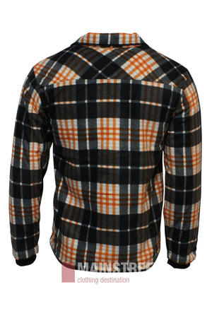 The Pilbara Sherpa Lined Check Jacket is a long-sleeve fleece with a black, orange, and white plaid pattern, collar, and relaxed fit. Shown from the back, it offers cozy comfort inspired by Ritemate Pilbara style for winter wear.