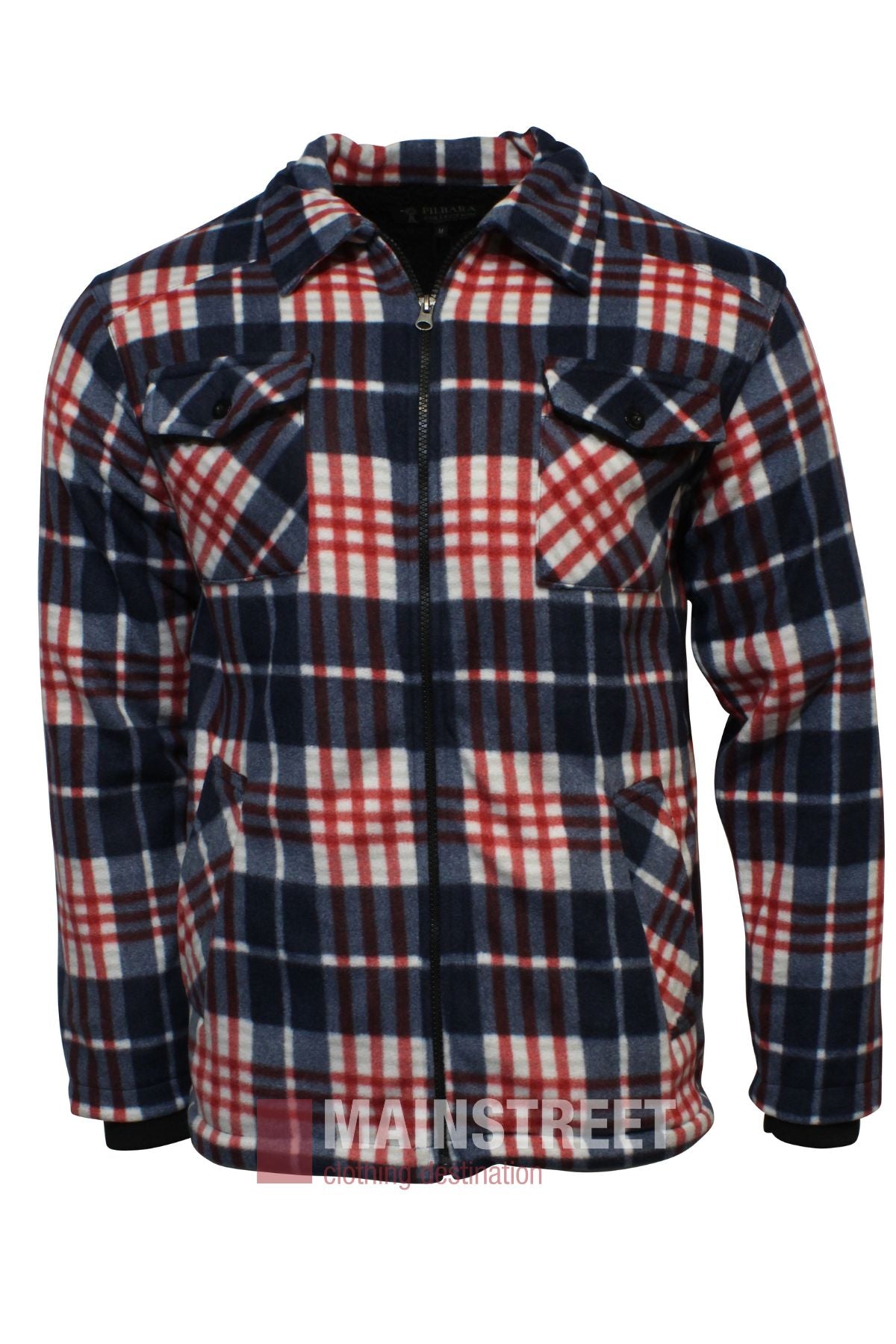 A front view of the Pilbara Sherpa Lined Check Jacket—a zip-up, sherpa-lined jacket with red, navy, and white plaid, two buttoned chest pockets, and a collar. Perfect as your go-to winter jacket.