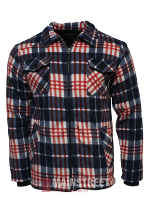 A front view of the Pilbara Sherpa Lined Check Jacket—a zip-up, sherpa-lined jacket with red, navy, and white plaid, two buttoned chest pockets, and a collar. Perfect as your go-to winter jacket.