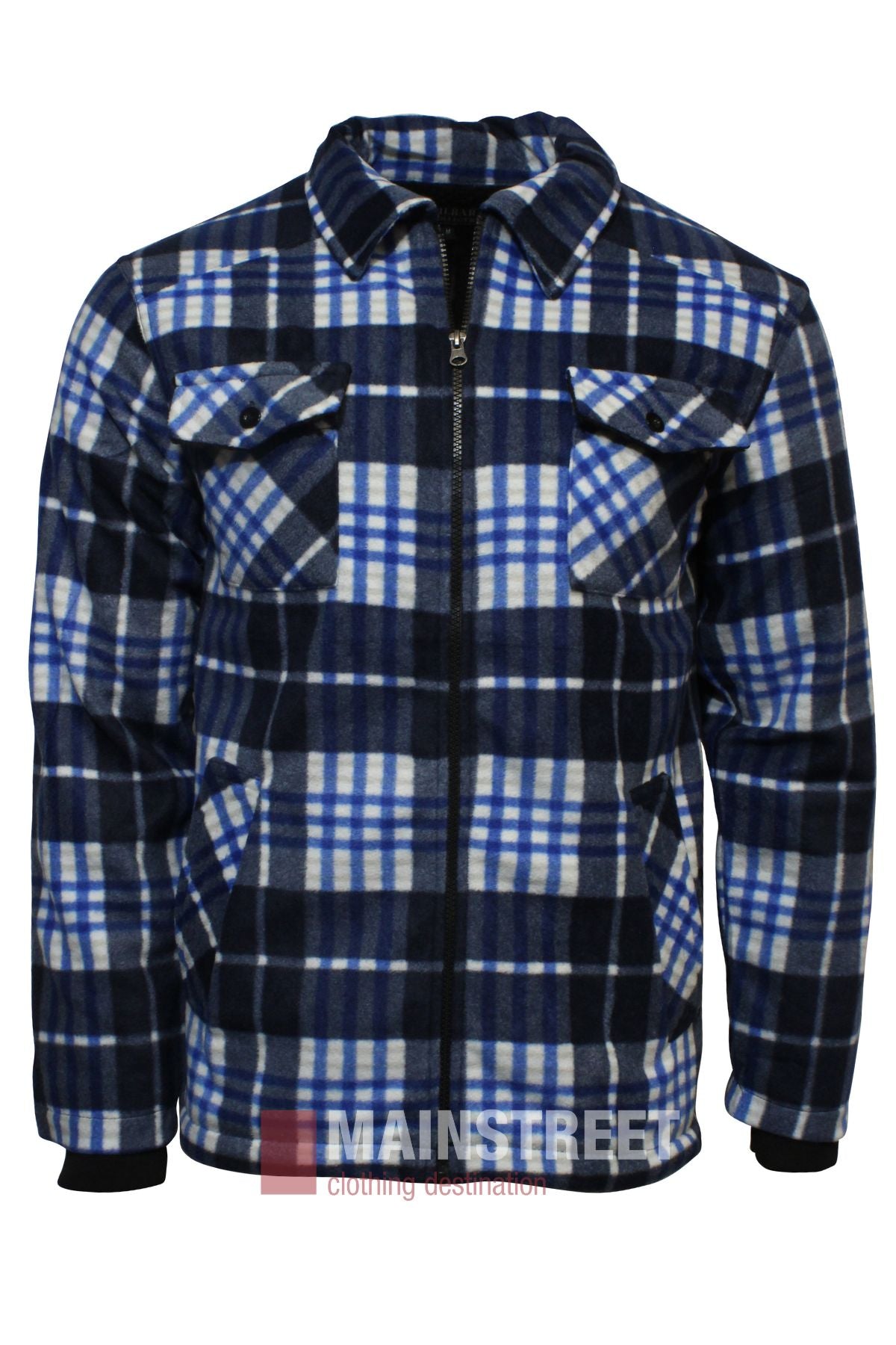 The Pilbara Sherpa Lined Check Jacket, in blue, black, and white check, features a front zipper, two chest pockets with button flaps, and long sleeves. Shown on a plain white background.
