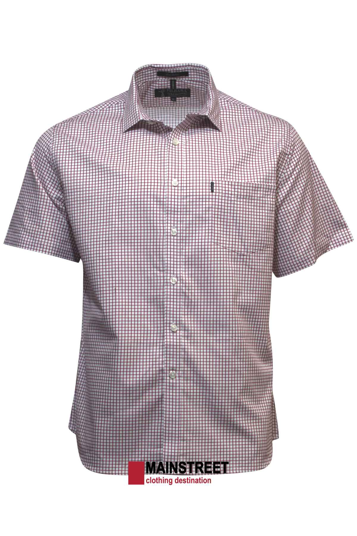 Displayed against a white background is the Pilbara Short Sleeve Check Single Pocket Shirt, featuring a small red and white checkered pattern. It has a front pocket on the left side and bears a label that reads "MAINSTREET clothing destination.